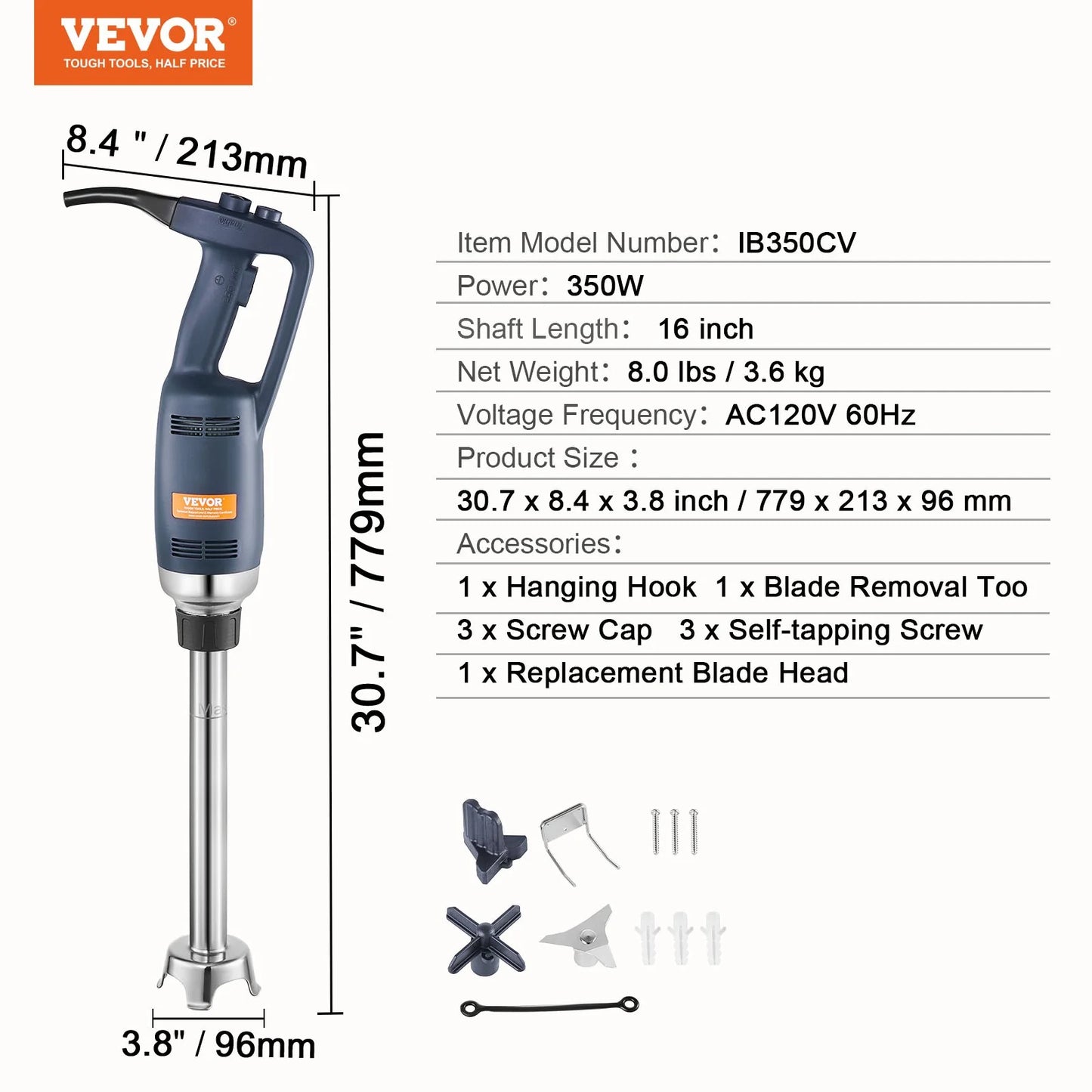 VEVOR Commercial Immersion Blender 350W Heavy Duty Hand Mixer for Soup Sauces